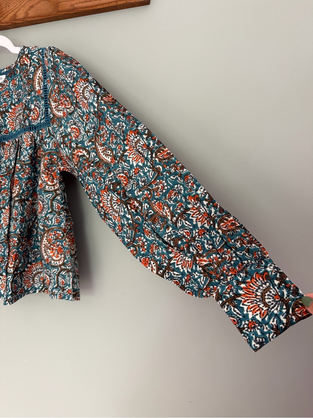 Emerson Fry India Collection "Isla" 100% Silk Teal Rust Paisley Peasant Top - Picture 6 of 15